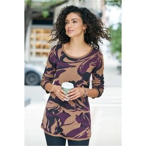 Soft Surroundings Sweater Small Tan Purple Printed Knit Long Sleeve Pullover